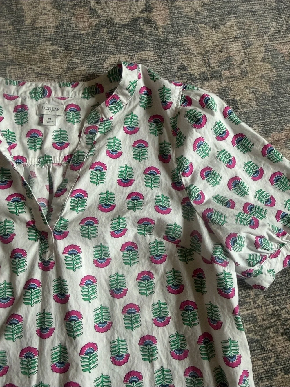 J. Crew Girls' White Short Sleeve Blouse with Pink & Green Floral Motif